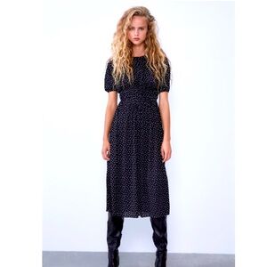 Zara black polka dot puff sleeve midi dress medium